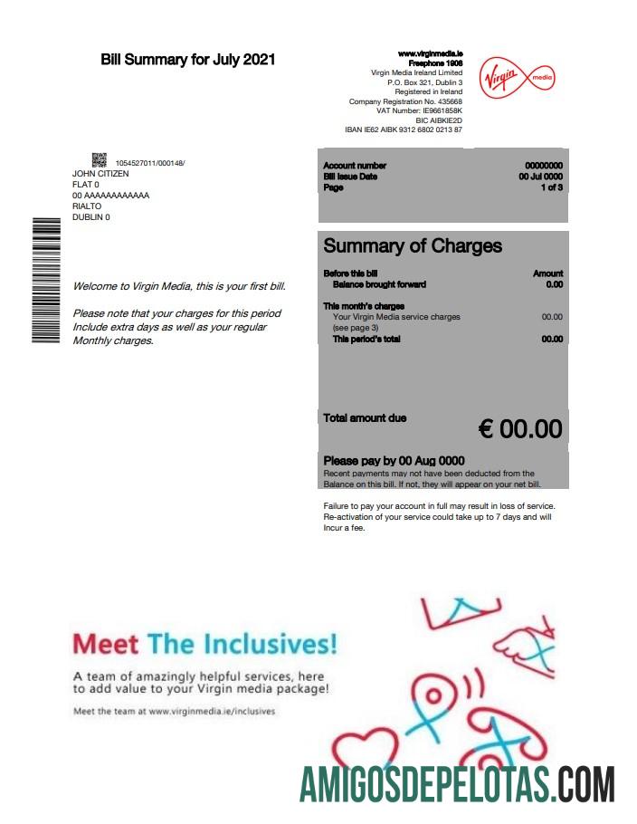 imprimível Modelo de conta de serviços públicos da Ireland Virgin Media em formato Word e PDF, versão 2